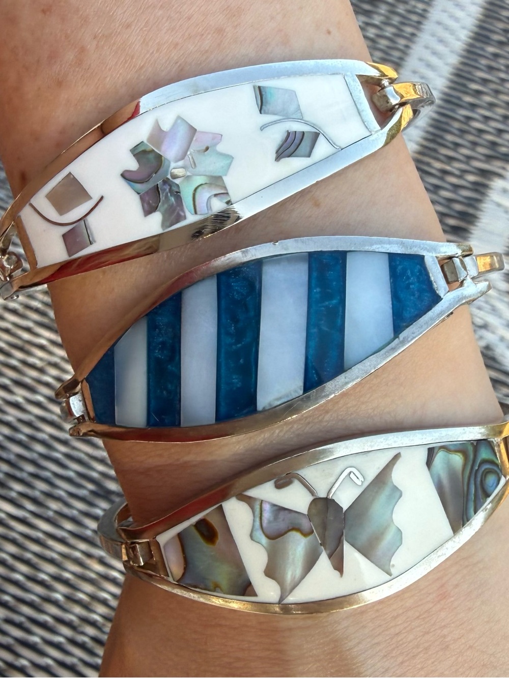 Mexican silver hinge Inlay Shell Bangle Bracelets